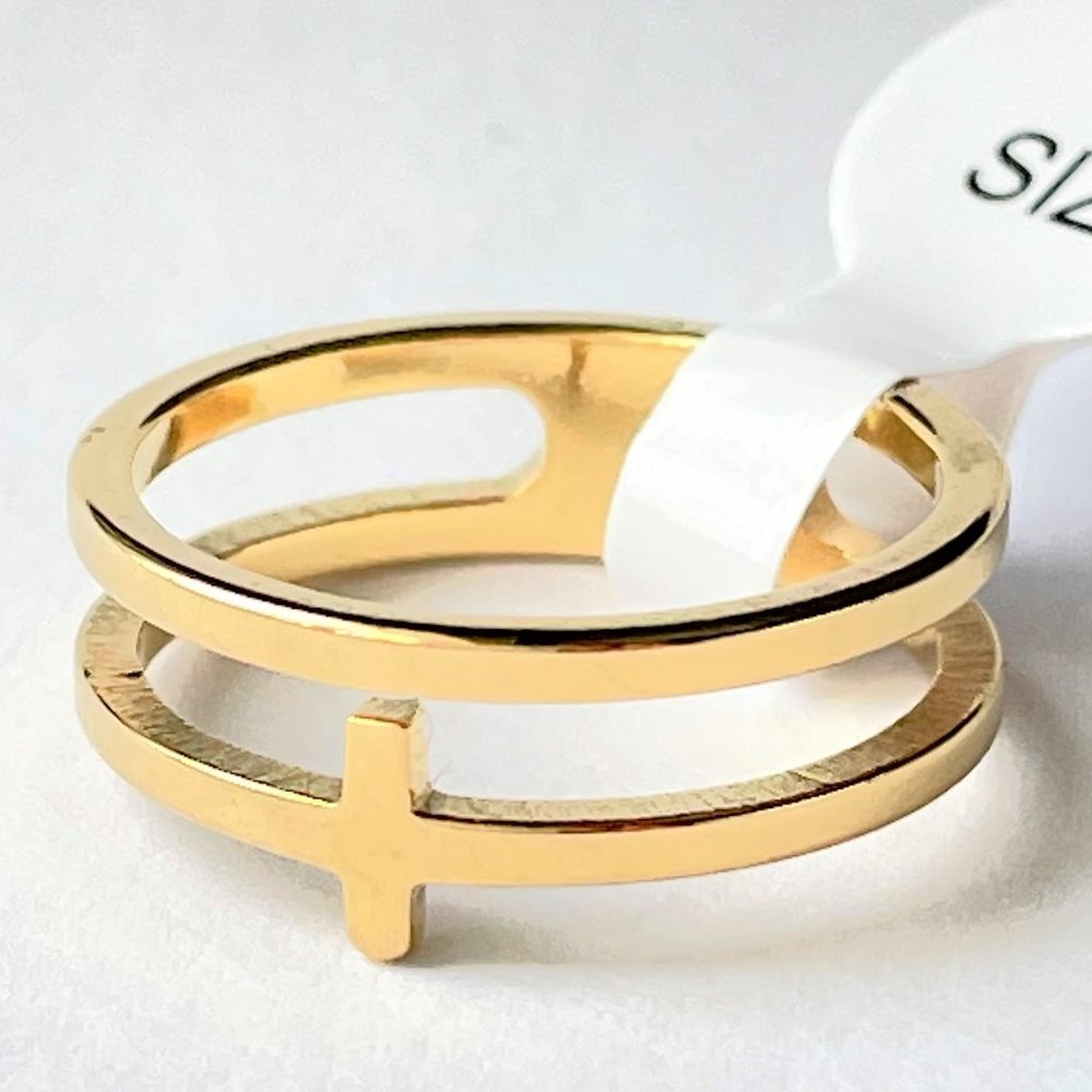Sideways Cross Double Gold Ring - Stainless Steel - Picture 2 of 4